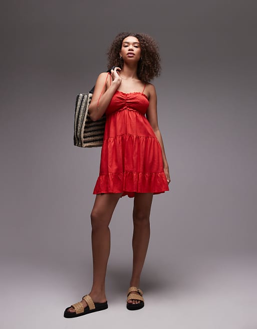 asos Emory Park tie shoulder linen tiered mini dress in red