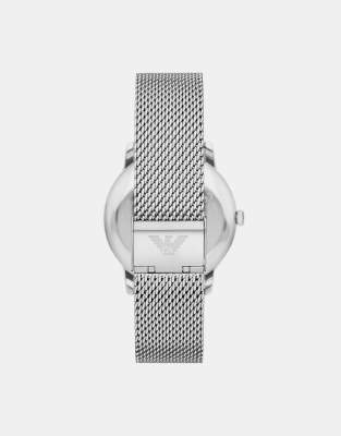 Asos Emporio Armani Three-hand Date Stainless Steel Mesh Watch In Silver