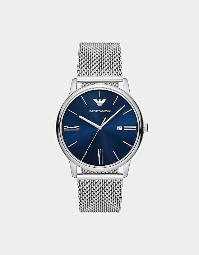 asos Emporio Armani Three-hand date stainless steel mesh watch in silver