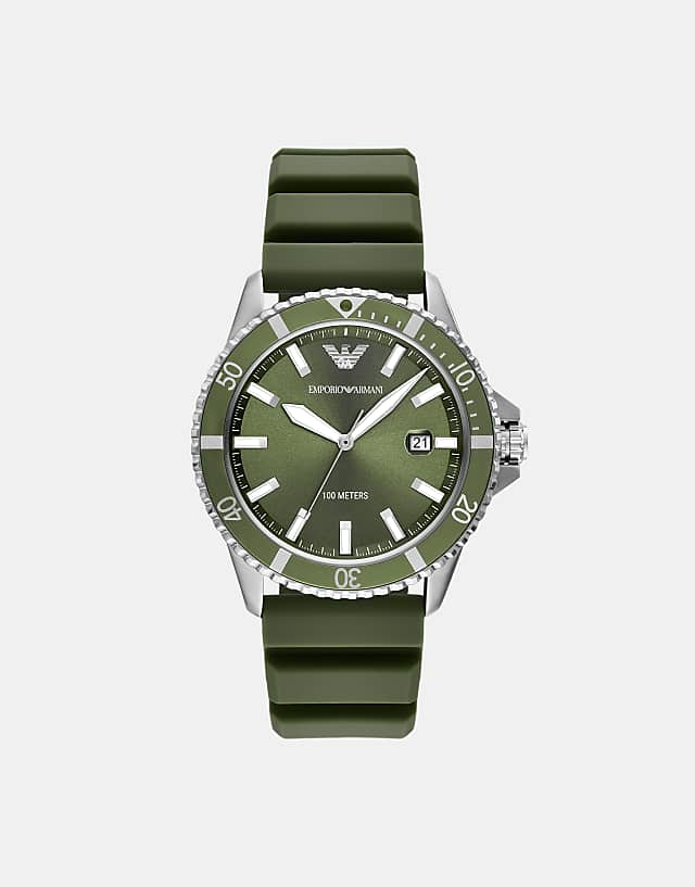 asos Emporio Armani World explorer three-hand date green silicone watch in green