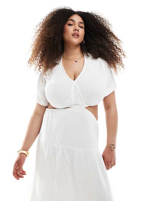 Asos Esmee Curve Exclusive Cut Out Maxi Tiered Beach Dress In White
