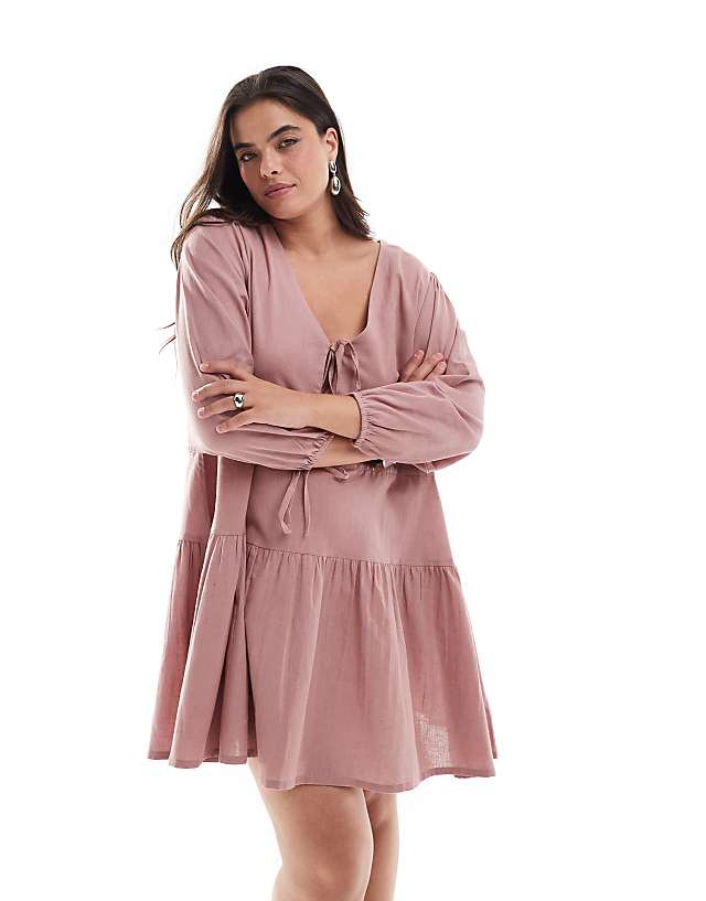 Asos Esmee Curve Exclusive Linen Mix Long Sleeve Tiered Mini Tie Front Beach Dress In Caramel