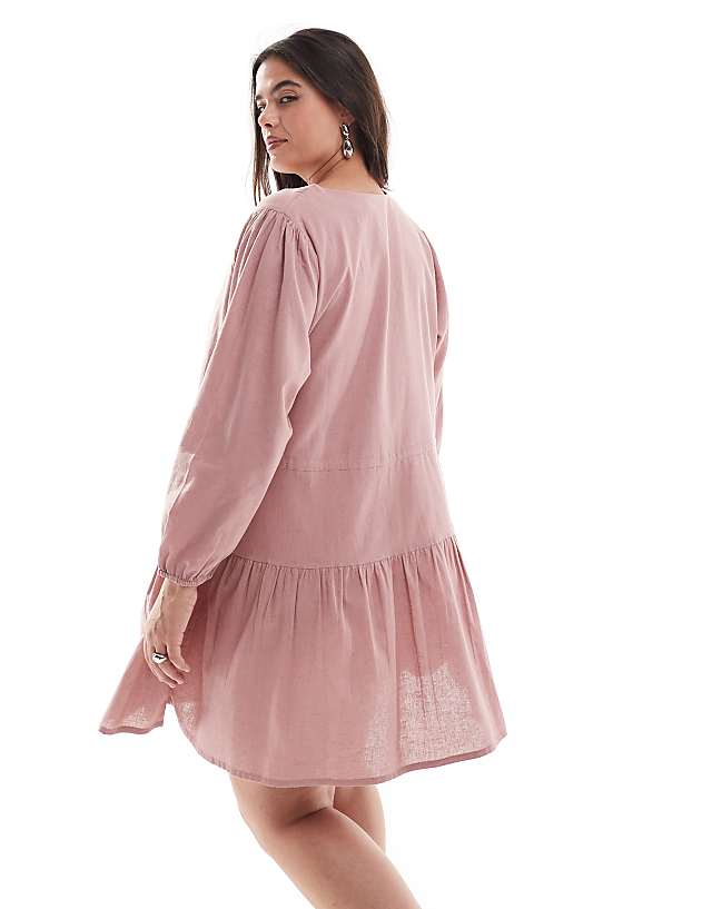 Asos Esmee Curve Exclusive Linen Mix Long Sleeve Tiered Mini Tie Front Beach Dress In Caramel
