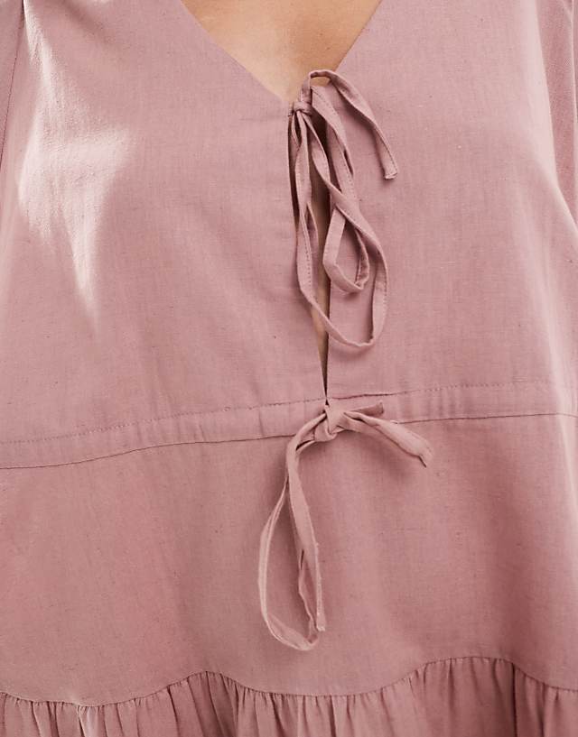 Asos Esmee Curve Exclusive Linen Mix Long Sleeve Tiered Mini Tie Front Beach Dress In Caramel