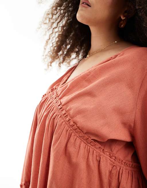 Asos Esmee Curve Exclusive Tiered Long Sleeve Mini Beach Dress In Rust