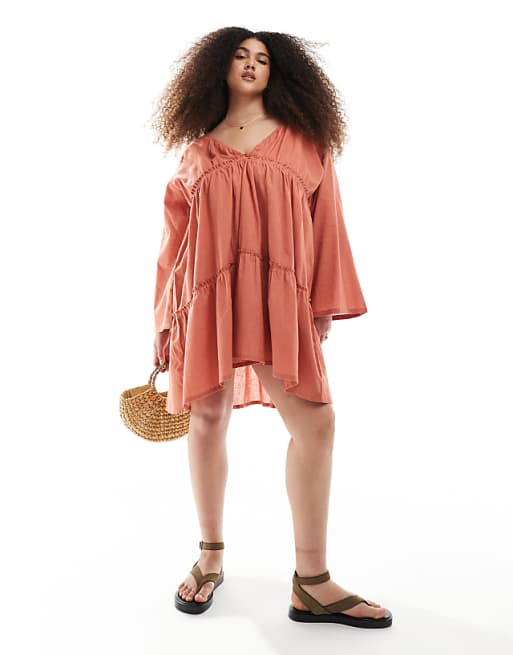 Asos Esmee Curve Exclusive Tiered Long Sleeve Mini Beach Dress In Rust