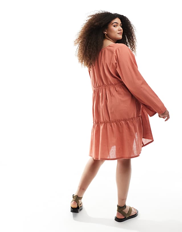 Asos Esmee Curve Exclusive Tiered Long Sleeve Mini Beach Dress In Rust