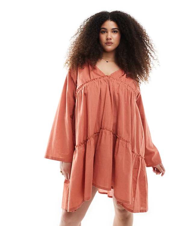 asos Esmee Curve Exclusive tiered long sleeve mini beach dress in rust