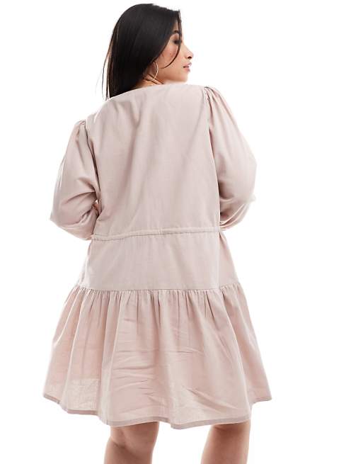 Asos Esmee Exclusive Curve Linen Mix Long Sleeve Tiered Mini Tie Front Beach Dress Oat