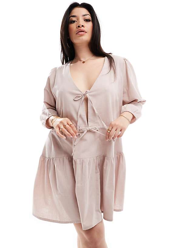 asos Esmee Exclusive Curve linen mix long sleeve tiered mini tie front beach dress oat
