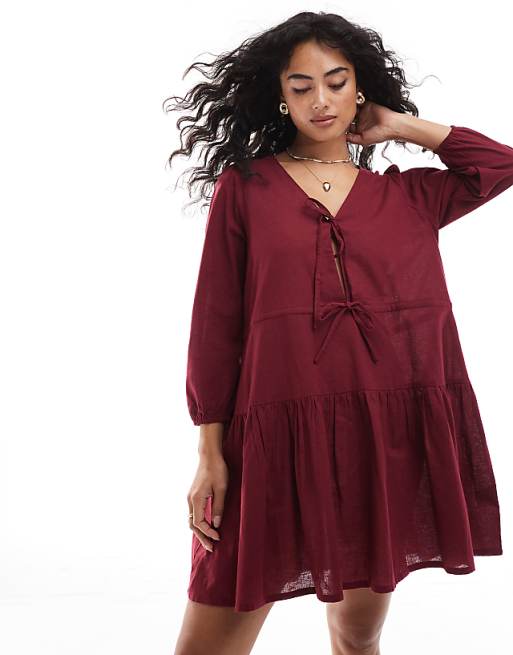 Asos Esmee Exclusive Linen Mix Long Sleeve Tiered Mini Tie Front Beach Dress In Cherry Red