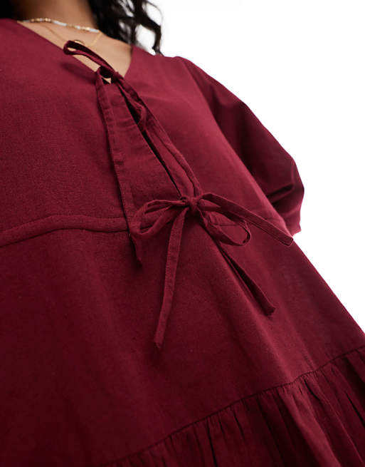 Asos Esmee Exclusive Linen Mix Long Sleeve Tiered Mini Tie Front Beach Dress In Cherry Red
