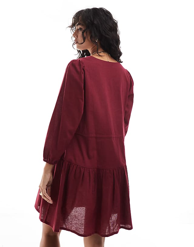 Asos Esmee Exclusive Linen Mix Long Sleeve Tiered Mini Tie Front Beach Dress In Cherry Red