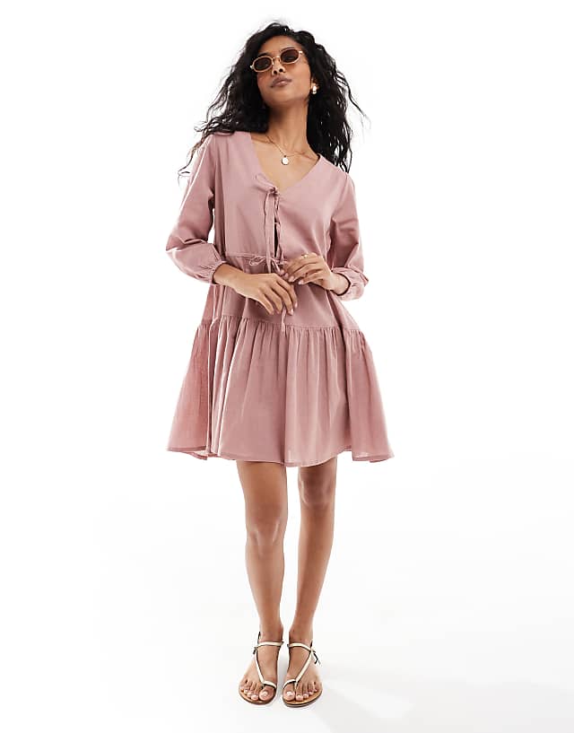 Asos Esmee Exclusive Linen Mix Long Sleeve Tiered Mini Tie Front Beach Dress In Caramel