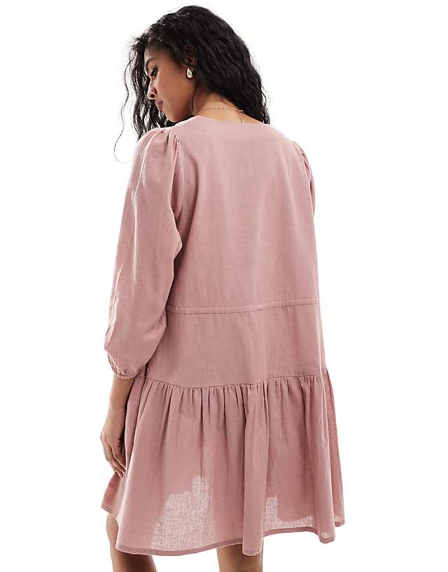 Asos Esmee Exclusive Linen Mix Long Sleeve Tiered Mini Tie Front Beach Dress In Caramel