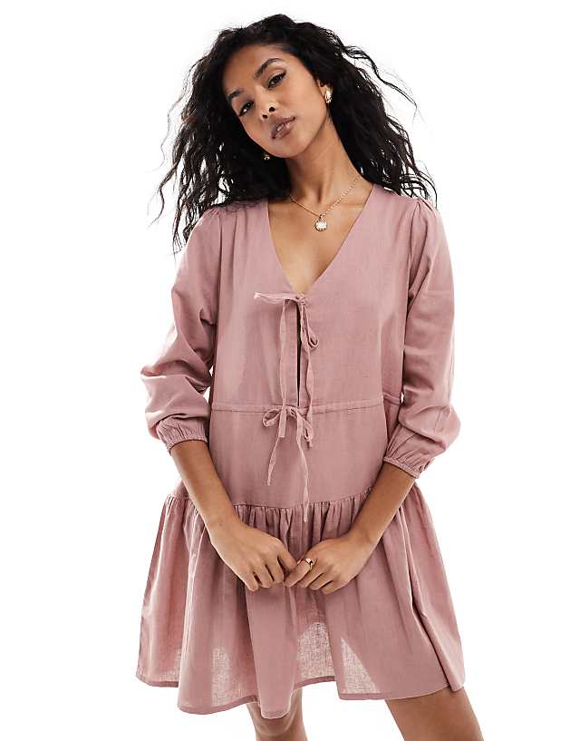 asos Esmee Exclusive linen mix long sleeve tiered mini tie front beach dress in caramel