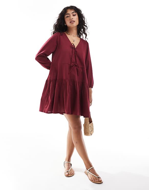 asos Esmee Exclusive linen mix long sleeve tiered mini tie front beach dress in cherry red