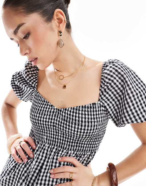 Asos Esmee Exclusive Mini Puff Sleeve Beach Dress In Black And White Gingham