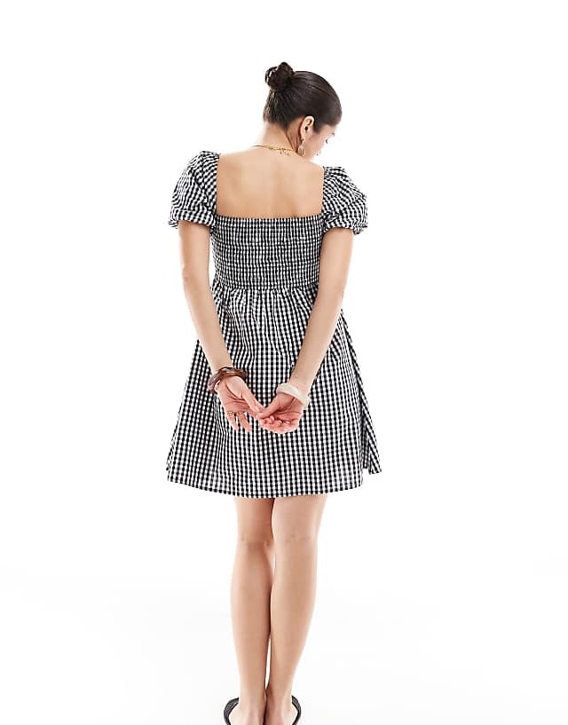 Asos Esmee Exclusive Mini Puff Sleeve Beach Dress In Black And White Gingham