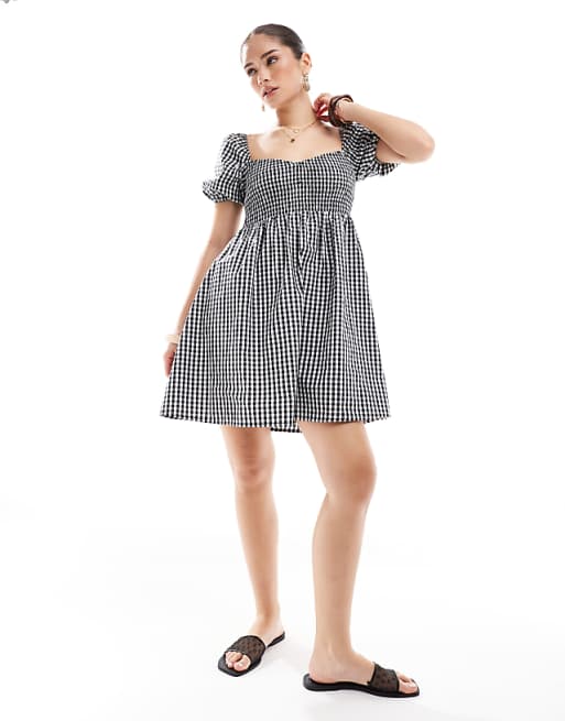 Asos Esmee Exclusive Mini Puff Sleeve Beach Dress In Black And White Gingham