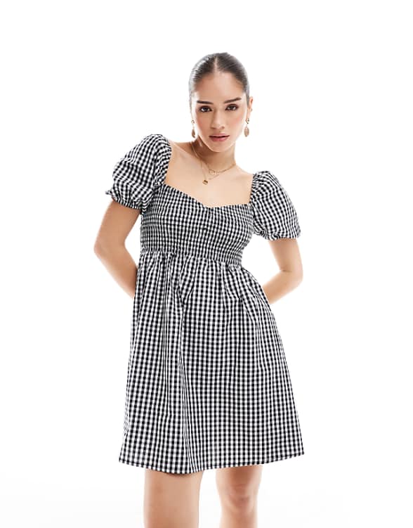 asos Esmee Exclusive mini puff sleeve beach dress in black and white gingham