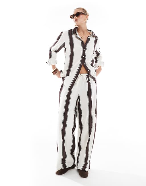 asos Esmee Exclusive relaxed beach trouser in brown and cream stripe
