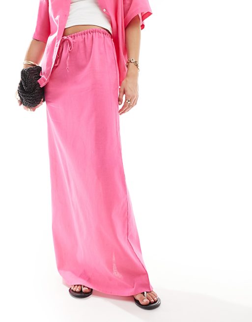 Asos Esmee Linen Maxi Beach Skirt Co-ord In Bright Pink