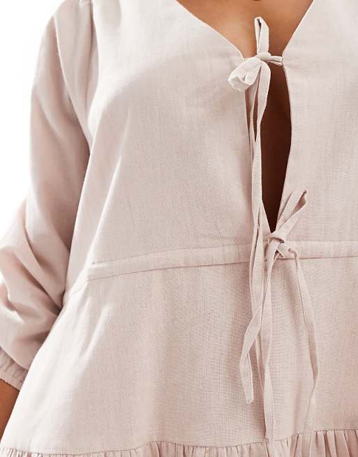 Asos Esmee Linen Mix Long Sleeve Tiered Mini Tie Front Beach Dress Oat