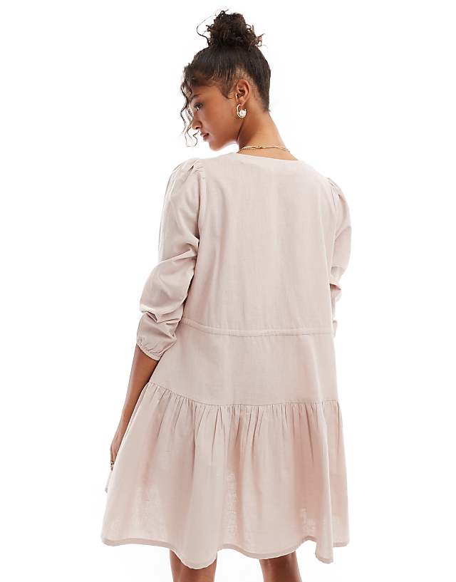 Asos Esmee Linen Mix Long Sleeve Tiered Mini Tie Front Beach Dress Oat