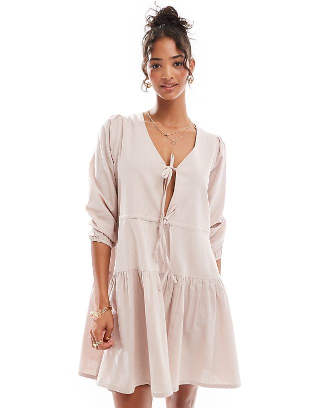 asos Esmee linen mix long sleeve tiered mini tie front beach dress oat