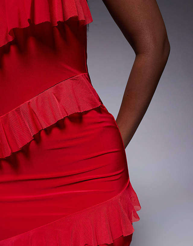 Asos Fashionkilla Double Sculpted Slinky Bandeau Ruffle Maxi Dress In Red