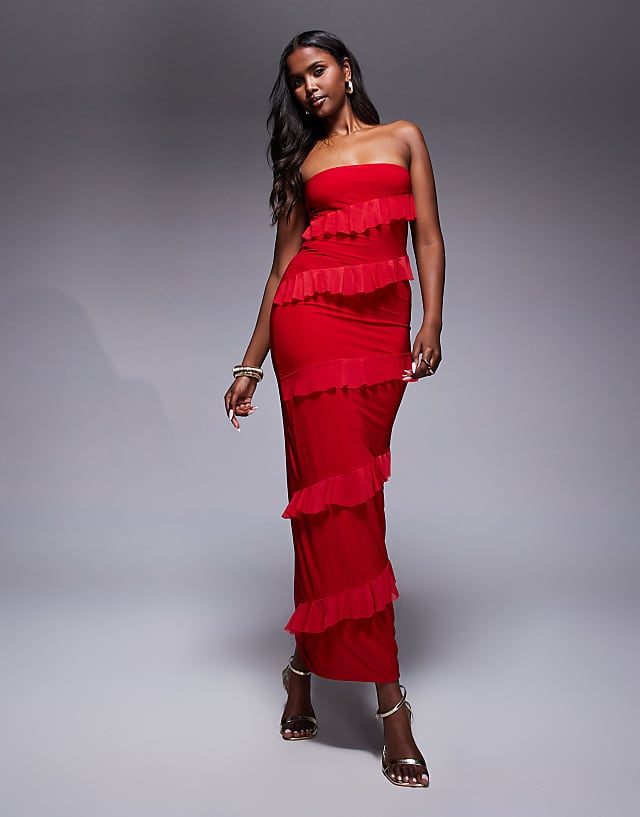 asos Fashionkilla double sculpted slinky bandeau ruffle maxi dress in red
