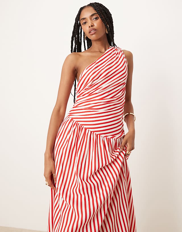 Asos Forever New Asymmetric Drop Hem Maxi Dress In Red And White Stripe