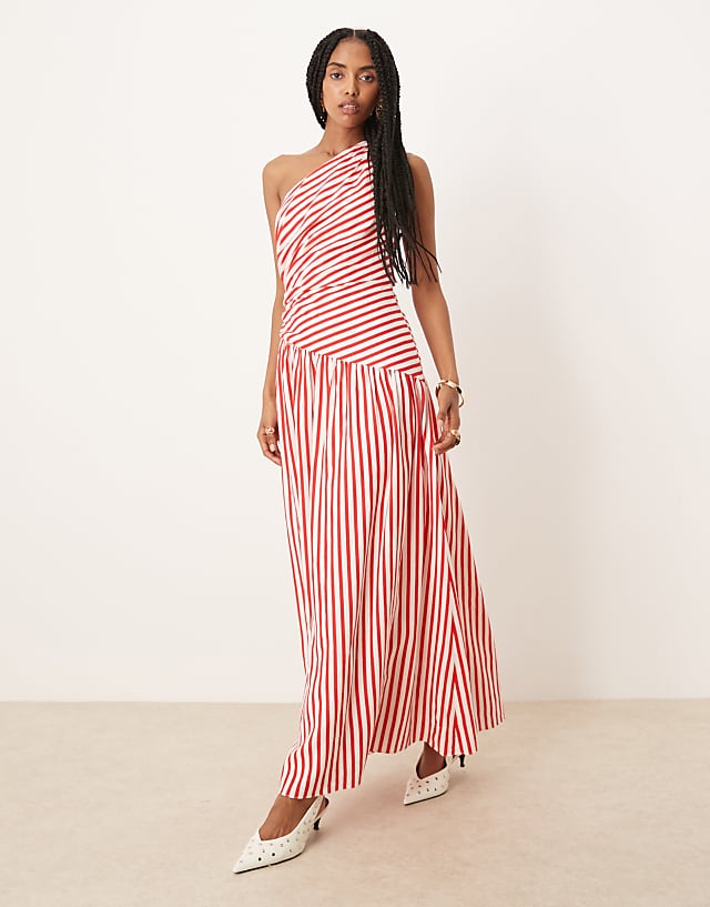 asos Forever New asymmetric drop hem maxi dress in red and white stripe