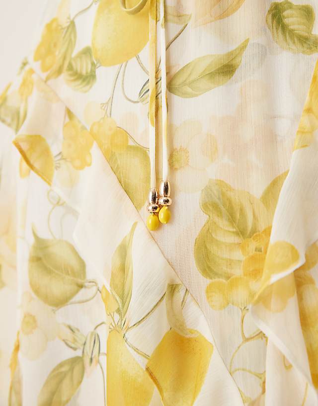 Asos Forever New Asymmetric Ruffle Midaxi Dress In Lemon Print