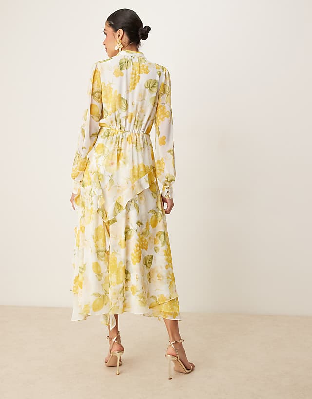 Asos Forever New Asymmetric Ruffle Midaxi Dress In Lemon Print