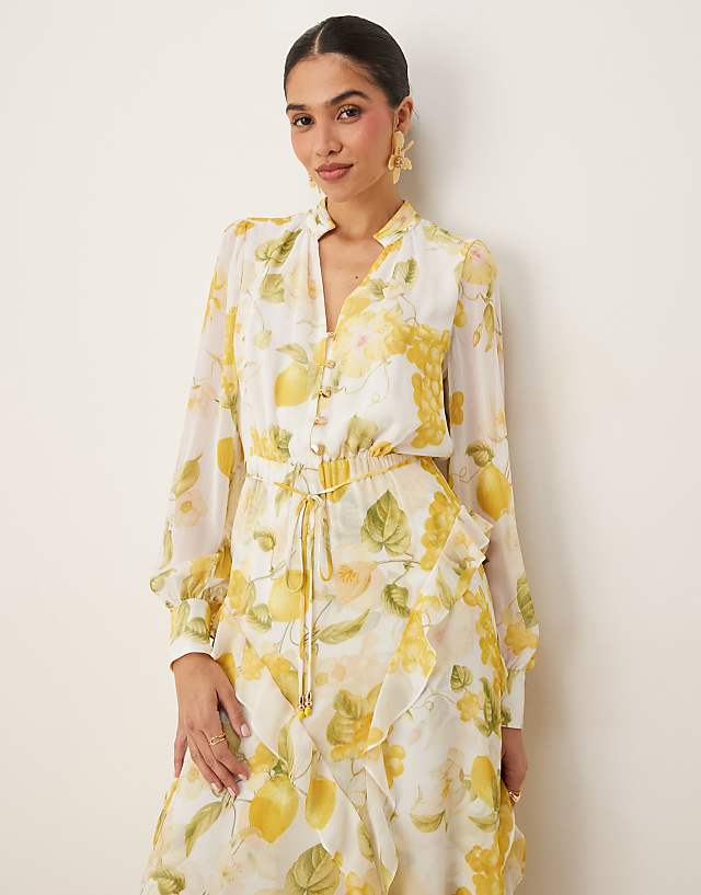 Asos Forever New Asymmetric Ruffle Midaxi Dress In Lemon Print