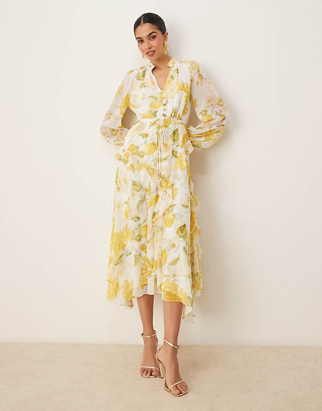 asos Forever New asymmetric ruffle midaxi dress in lemon print