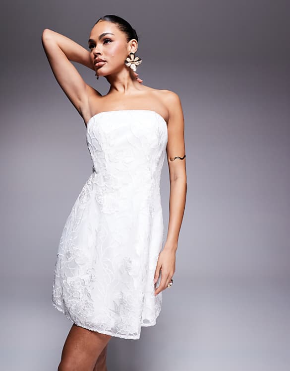asos Forever New Bridal bandeau embroidered lace mini dress in ivory