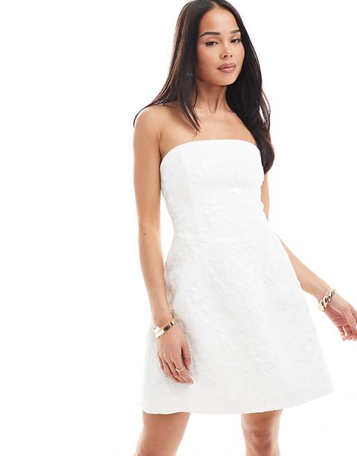 Asos Forever New Bridal Jacquard Lace Up Back Bow Mini Dress In Ivory