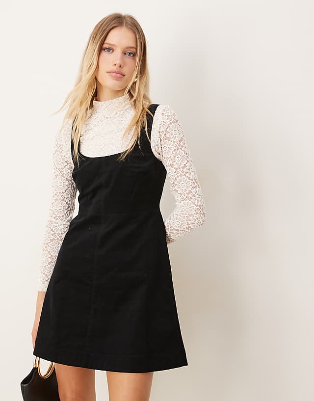 asos Forever New contrast lace pinafore mini dress in black