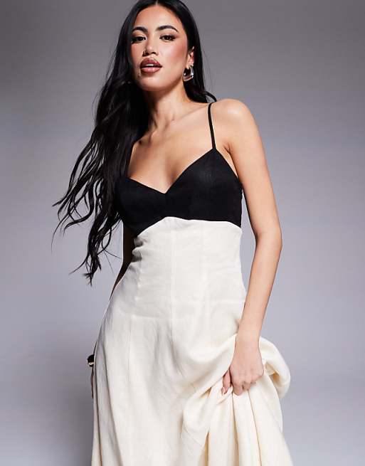 Asos Forever New Contrast Linen Midaxi Dress In Black And Cream