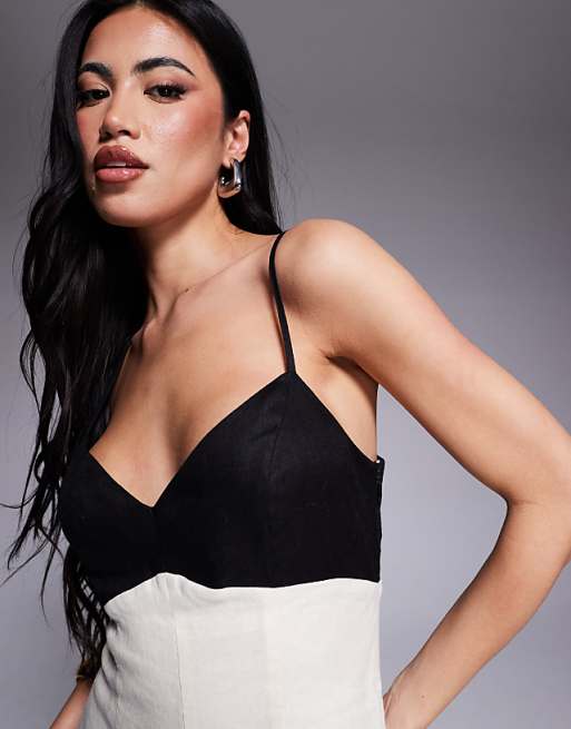 Asos Forever New Contrast Linen Midaxi Dress In Black And Cream