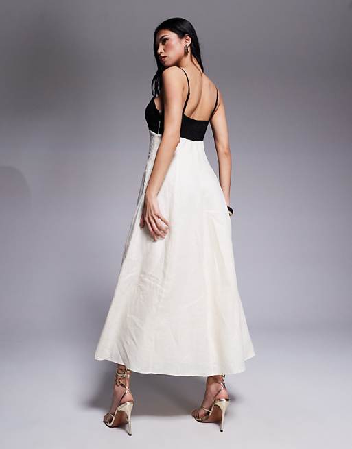 Asos Forever New Contrast Linen Midaxi Dress In Black And Cream