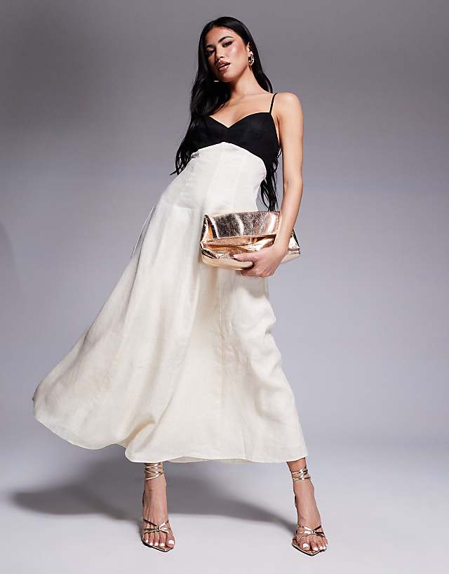asos Forever New contrast linen midaxi dress in black and cream