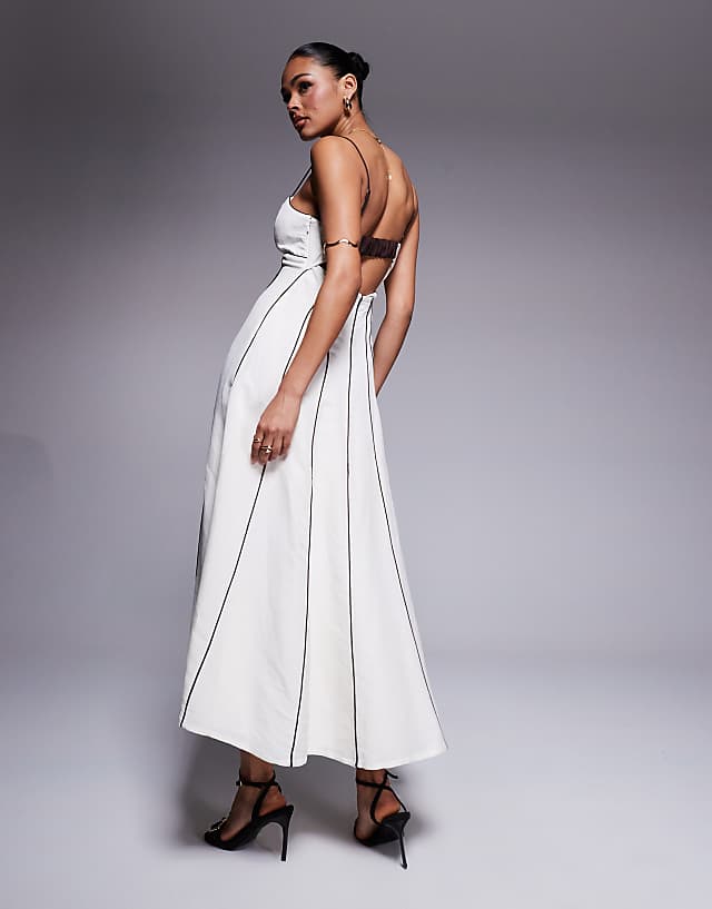 Asos Forever New Contrast Piping Linen Midi Dress In Cream And Chocolate