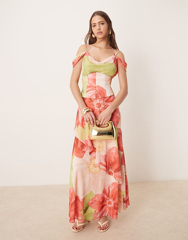 Asos Forever New Detachable Corset Maxi Dress In Red Oversized Floral