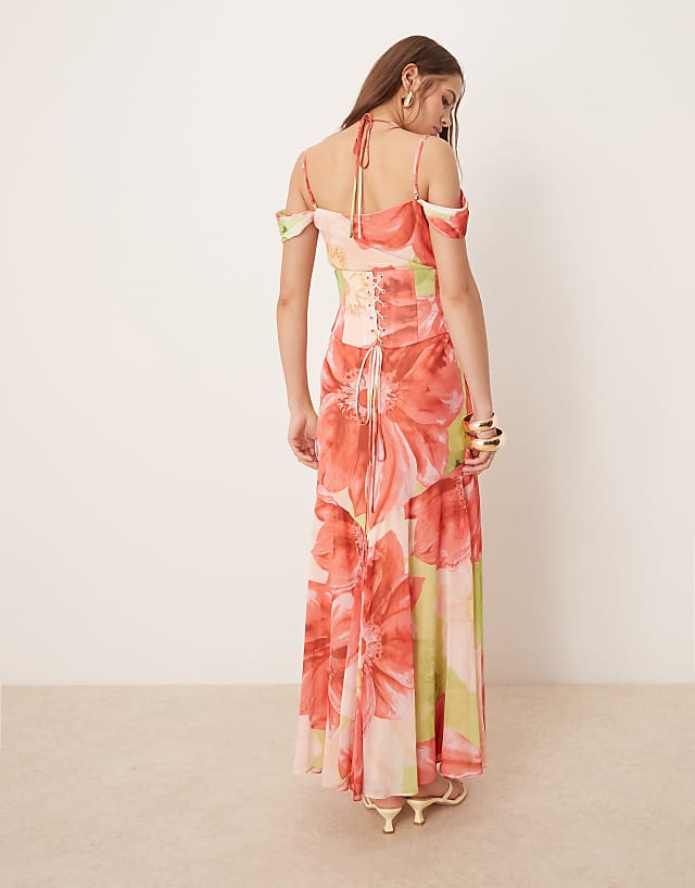 Asos Forever New Detachable Corset Maxi Dress In Red Oversized Floral