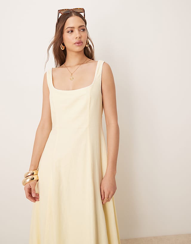 Asos Forever New Linen Contrast Stitch Midaxi Dress In Lemon