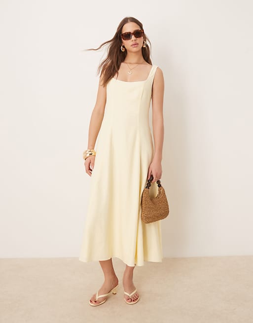 asos Forever New linen contrast stitch midaxi dress in lemon